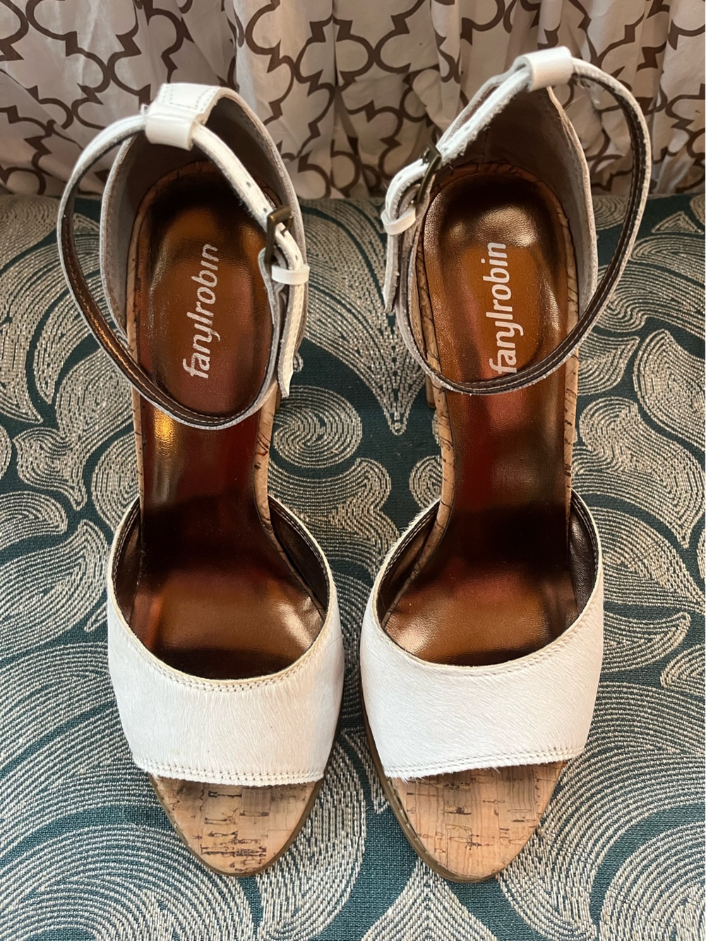 Farylrobin White natural pony hair, Open-Toe Cork-Accent Ankle Strap Heels